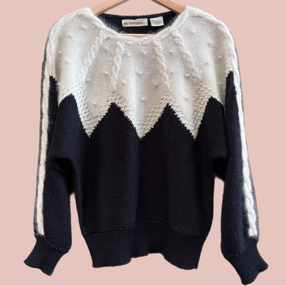 Vintage 80s Angora Women's Sweater Pearls White Black Iridescent Cream Crochet